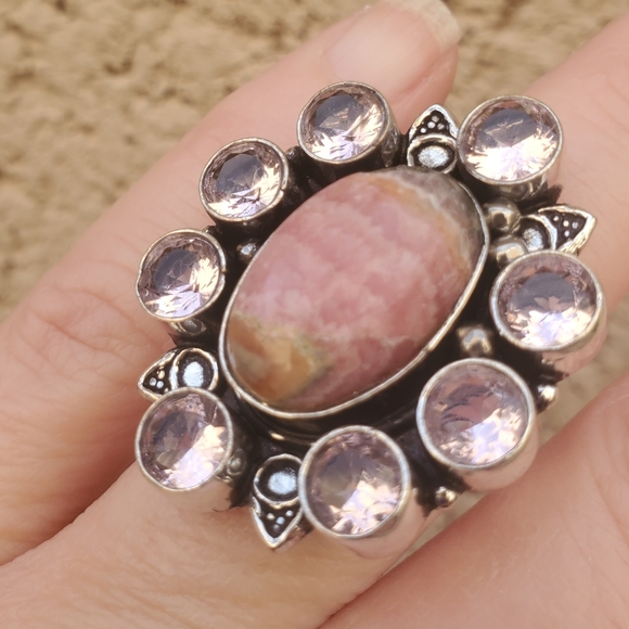 New Oversized Rhodochrosite & Kunzite 925 Silver Statement Ring. - Picture 7 of 14